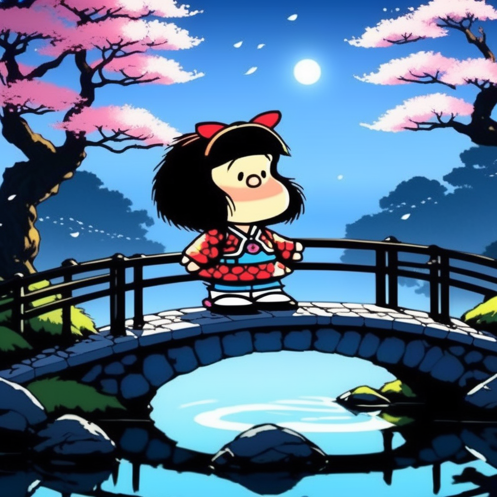 anime artwork  <lora:Mafalda-sdxl:1> mafaldina, Mafalda, traditional samurai armor with intricate patterns, cherry blossoms falling around her, standing on a stone bridge over a koi pond, illuminated by soft moonlight, misty atmosphere, cinematic depth, vibrant and crisp details . anime style, key visual, vibrant, studio anime,  highly detailed