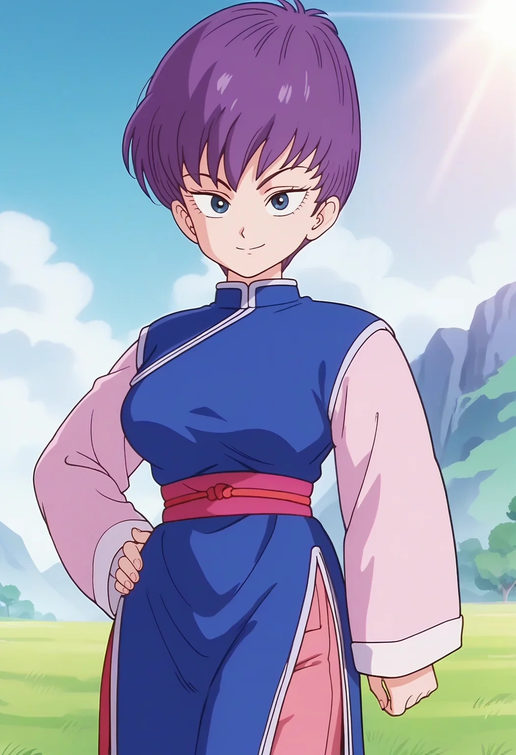 score_9, score_8_up, score_7_up, score_6_up, anime screencap, anime coloring, <lora:DBExtraGirl14:0.9>, DBExtraGirlFanfan, purple hair, short hair, dark blue eyes, breasts, 
chinese clothes, long sleeves, sleeves past wrists, sash, side slit, pink pants,
looking at viewer, hand on own hip, smile, cowboy shot,
BREAK day, grass, blue sky, sunlight, sunbeam,