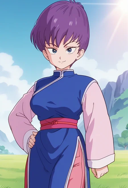 score_9, score_8_up, score_7_up, score_6_up, anime screencap, anime coloring, <lora:DBExtraGirl14:0.9>, DBExtraGirlFanfan, purple hair, short hair, dark blue eyes, breasts, 
chinese clothes, long sleeves, sleeves past wrists, sash, side slit, pink pants,
looking at viewer, hand on own hip, smile, cowboy shot,
BREAK day, grass, blue sky, sunlight, sunbeam,