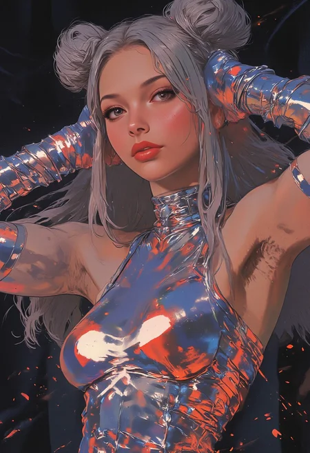 Anime-style digital drawing of a woman with a futuristic, metallic bodysuit that reflects light. She has long, silver hair styled in two high buns with loose strands framing her face. Her skin is pale, and she has large, red eyes that stand out against her silver attire. She is posed with her arms raised, hands behind her head, and a confident, slightly serious expression. The background is dark, with a few sparkles and reflections adding to the futuristic feel. The art style is highly detailed and polished, with a focus on the interplay of light and shadow on her bodysuit. The image is in a vertical orientation. The woman's bodysuit is sleek and form-fitting, emphasizing her curves and giving her a statuesque appearance. The suit has a glossy texture, with reflections and highlights that give it a three-dimensional look. The woman's makeup is subtle, with a focus on her eyes, which are accentuated with dark eyeliner and shadow. The overall mood of the image is strong and powerful, with a sense of confidence and authority. The woman's pose and expression suggest that she is a character of importance and strength. The image is high quality and well-rendered, with a professional finish. The woman's bodysuit is highly reflective, with light bouncing off it in various places. The image is in a cinematic style, with a focus on the subject and a dramatic use of lighting and shadow. The woman's hair is styled in a way that adds to her overall striking and futuristic look.