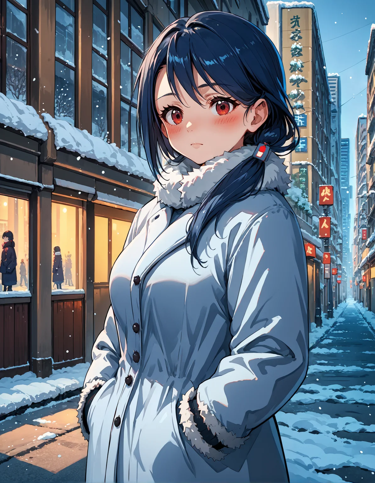 score_9, score_8_up, source_anime, 1girl, upper body, medium shot, detailed, pmmmmikototsubaki, dark blue hair, ponytail, blue hairclip, red eyes, grey winter coat, fur trim, hands in pockets, outdoors, city, street, winter, snow, blush, (side view:0.6), <lora:pmmmmikototsubaki_XL:0.9>