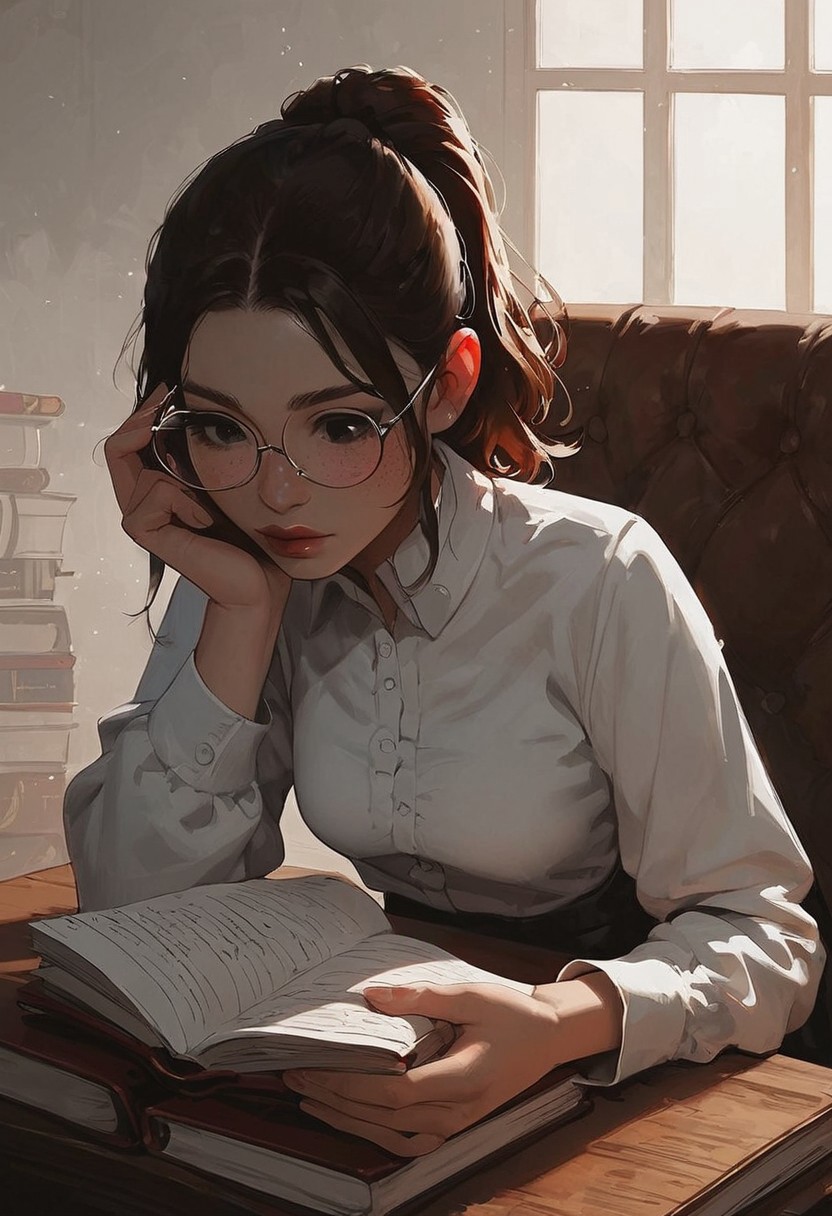 score_9, score_8_up, score_7_up, score_6_up, Expressiveh, g0thicPXL, 1girl, 23 years old, perfect face, cute, BREAK
Library, bookcases, books, (dim lighting:1.3), BREAK
, small breast, shiny skin, black eyes, brown hair, medium hair, ponytail, maroon lipstick, dark makeup, motion lines, sitting at table, blush, reading a book, holding book, BREAK
Looking at book, white shirt, pleated skirt, cowboy shot, round glasses, large glasses, freckles, half body portrait, detailed background, detailed eyes, detailed lips, perfect eyes, perfect hands, ultra detailed, masterpiece