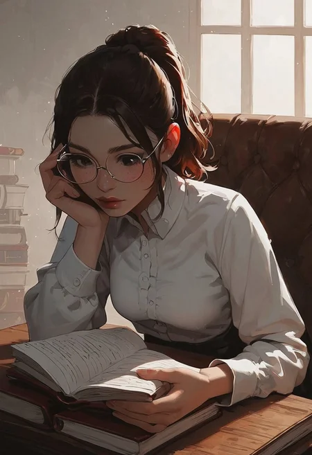 score_9, score_8_up, score_7_up, score_6_up, Expressiveh, g0thicPXL, 1girl, 23 years old, perfect face, cute, BREAK
Library, bookcases, books, (dim lighting:1.3), BREAK
, small breast, shiny skin, black eyes, brown hair, medium hair, ponytail, maroon lipstick, dark makeup, motion lines, sitting at table, blush, reading a book, holding book, BREAK
Looking at book, white shirt, pleated skirt, cowboy shot, round glasses, large glasses, freckles, half body portrait, detailed background, detailed eyes, detailed lips, perfect eyes, perfect hands, ultra detailed, masterpiece