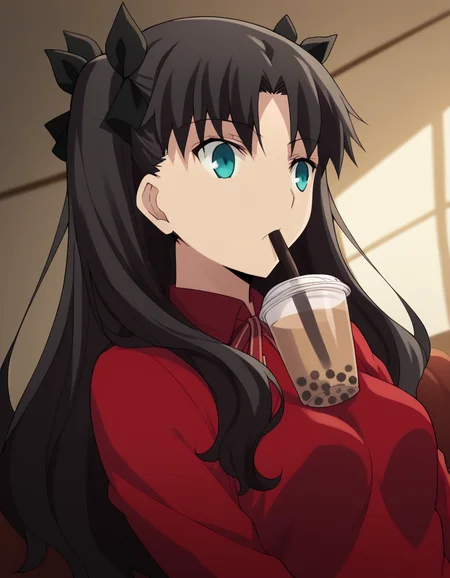 score_9, score_8_up, score_7_up, source_anime, rintohsaka, <lora:rin-tohsaka-ubw-ponyxl-lora-nochekaiser:1>, rin tohsaka, aqua eyes, black hair, hair ribbon, long hair, ribbon, sidelocks, two side up, parted bangs,, <lora:bubble-tea-challenge-ponyxl-lora-nochekaiser:1>, bubble tea challenge, bubble tea, object on breast, drinking straw, drinking straw in mouth, drinking, cup,, indoors, sitting, looking down,, cowboy shot, dutch angle,