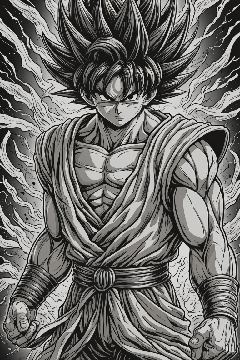 manga style son Goku,Berserk style,intricate details,monochrome . vibrant, high-energy, detailed, iconic, Japanese comic style