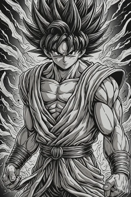 manga style son Goku,Berserk style,intricate details,monochrome . vibrant, high-energy, detailed, iconic, Japanese comic style