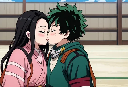 Kamado_Nezuko, with her pink Kimono and Midoriya Izuku, with his green hero costume, kiss, closed eyes