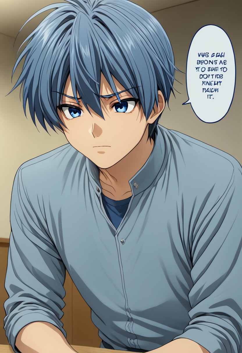 high resolution, solo, best quality, 1Boy, Tomoya Okazaki, Grey Blue Hair, blue eyes, Talking animatedly, expressive, engaged, lively,