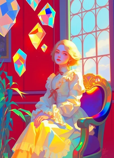 This is a vibrant digital painting showcasing a serene, anime-inspired scene. A young woman dressed in victoria style with delicate features and blonde hair sits gracefully against a rich red wall indoorcene, in the background. There are some pieces of glass with different sizes in the air, refracting beautiful and vibrant lights, she is sitting on a luxurious western armchair, there are some plants and other piece of objects
a digital semi-realistic image.
it is a vibrant, dreamy, whimsical and clear masterpiece full of details and high quality creating a serene and peaceful scene with ethereal light.
