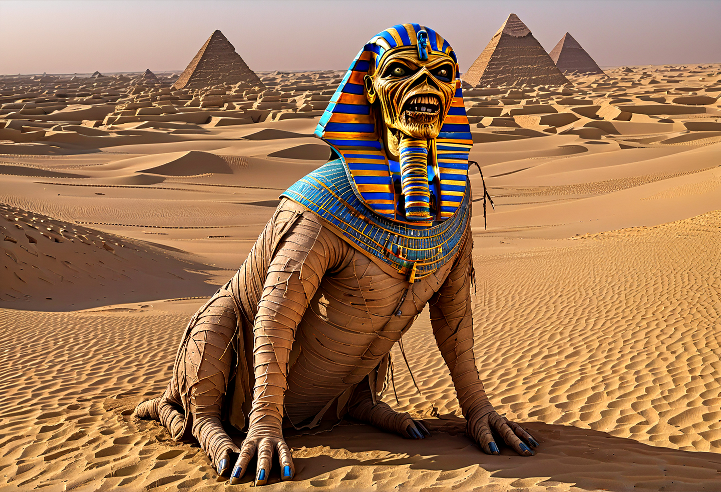 Horror Films rotten horse in (eddie:1.5) style, looking like a mummy, in egypt, pyramids,  hyper detailed, highly intricate,,,, Horror Films, often for scares, monsters, or psychological terror.