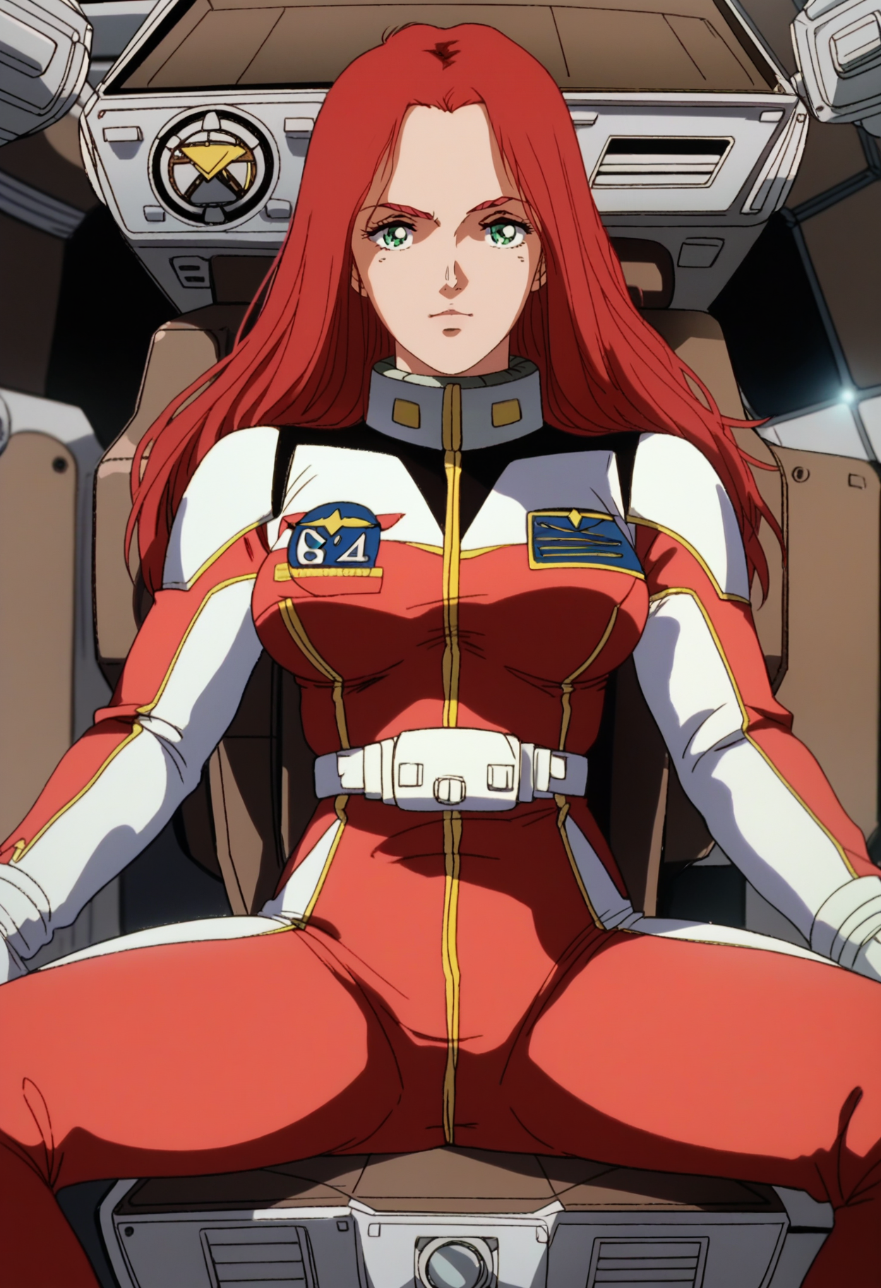 score_9, score_8_up, score_7_up, score_6_up, anime screencap, anime coloring, <lora:G0080CM_epoch_10:0.9>, G0080CM, red hair, green eyes, long hair, breasts, 
pilot suit,
sitting, legs apart, looking at viewer, cockpit, 
BREAK indoors,