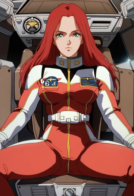 score_9, score_8_up, score_7_up, score_6_up, anime screencap, anime coloring, <lora:G0080CM_epoch_10:0.9>, G0080CM, red hair, green eyes, long hair, breasts, 
pilot suit,
sitting, legs apart, looking at viewer, cockpit, 
BREAK indoors,