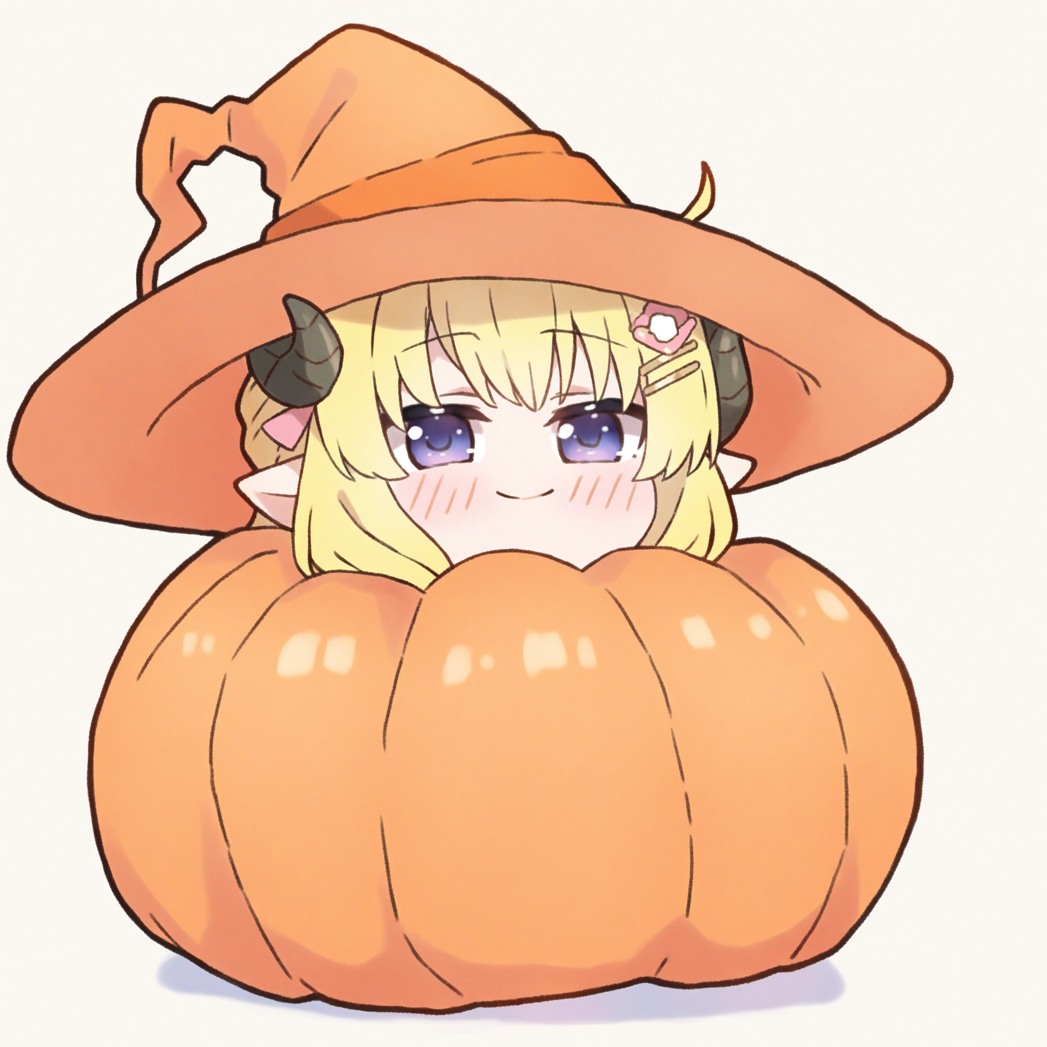 kukie-nyan, masterpiece, best quality, 1girl, solo, tsunomaki watame, purple eyes, blonde hair, long hair, ahoge, horns, hairclip, chibi, meme, witch hat, smile, smug, simple background, white background, orange theme, halloween, halloween theme, halloween decoration, wide shot