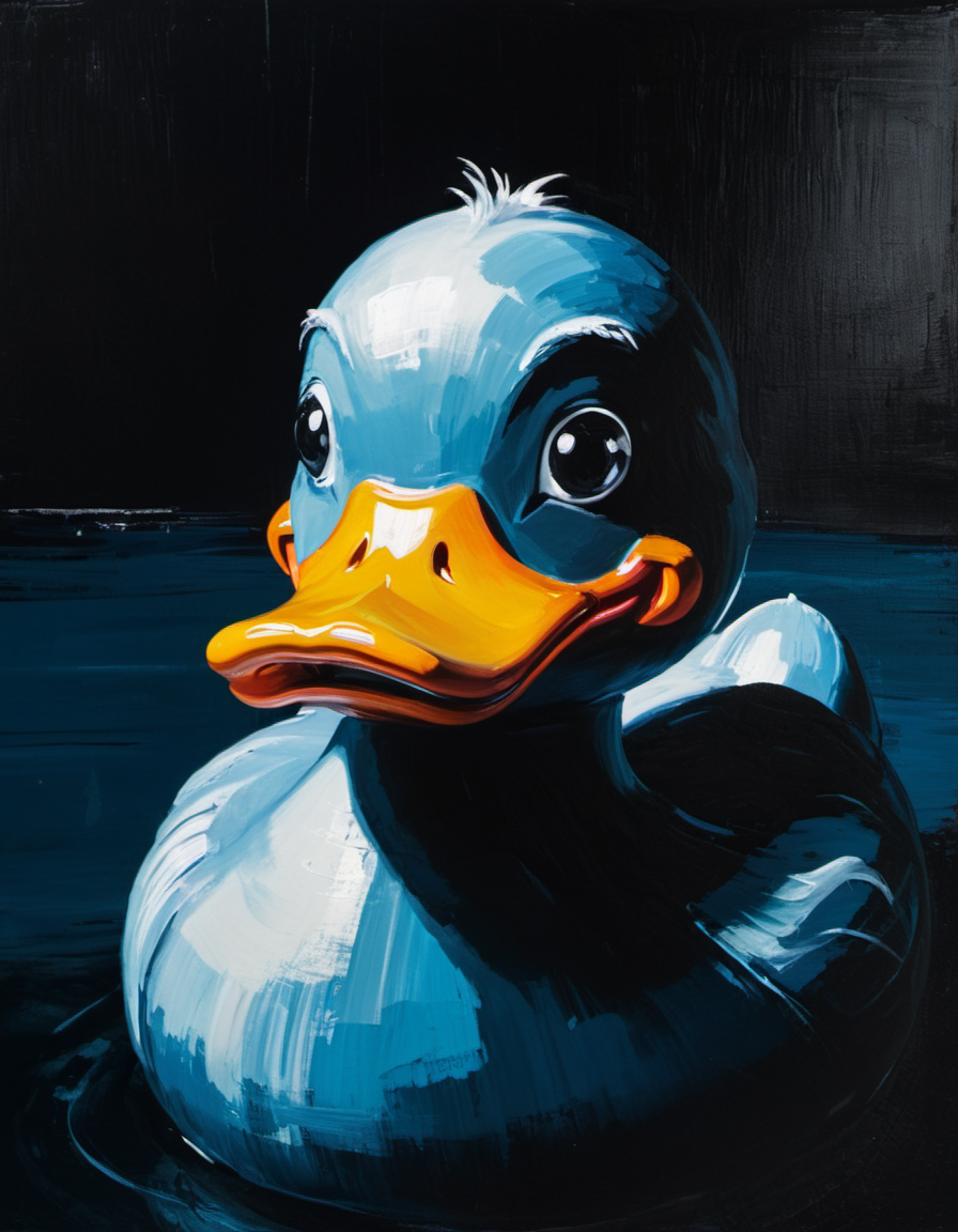 surreal painting of a rubber duck, dark theme, abstract painting background,  <lora:DiscoDeliriumXL-v1.2:0.9>