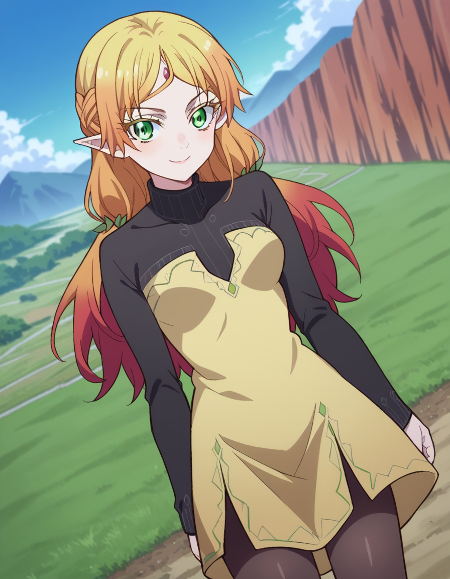 score_9, score_8_up, score_7_up, source_anime,
tsundereelf, <lora:tsundere-elf-s1-ponyxl-lora-nochekaiser:1>,
tsundere elf, long hair, blonde hair, green eyes, pointy ears, elf, multicolored hair, forehead jewel,
dress, yellow dress, long sleeves, turtleneck bodysuit, pantyhose, sweater, black sweater,
outdoors, landscape, smile,
looking at viewer, cowboy shot, dutch angle,