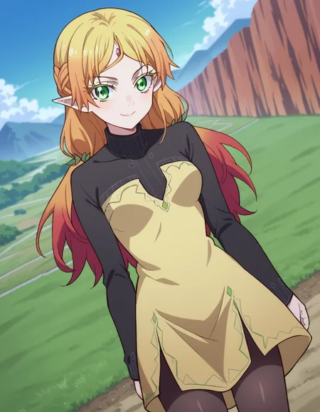 score_9, score_8_up, score_7_up, source_anime,
tsundereelf, <lora:tsundere-elf-s1-ponyxl-lora-nochekaiser:1>,
tsundere elf, long hair, blonde hair, green eyes, pointy ears, elf, multicolored hair, forehead jewel,
dress, yellow dress, long sleeves, turtleneck bodysuit, pantyhose, sweater, black sweater,
outdoors, landscape, smile,
looking at viewer, cowboy shot, dutch angle,