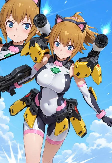 general,masterpiece,anime_coloring,anime clothing,avatar_fumina,blue eyes, brown hair, short hair, hoshino fumina, large_breasts , cat ears, elbow gloves, bodysuit, covered navel, armor, bike shorts, skin tight,yellow shoulder armor, yellow waist armor, weapon,shoulder cannon,thruster,gun,energy gun,blush face,kind smile,sky,in air,Air battle,dynamic angle,close-up face,