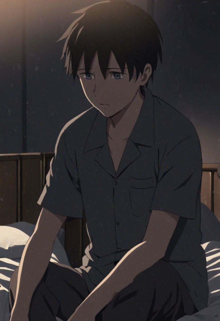 Highres, Masterpiece, High Quality, 4K, 8K, solo, 1Boy, Takaki Toono, adult, black hair, short hair, Sad, share, deep talk, hotel room, dim weather, sitting, weak, facing viewer, complicated, anxious, empty alcohol bottle, self torture, alone, lost, hopeless, hearthless, helpless, easynegative, detailed_eye_model