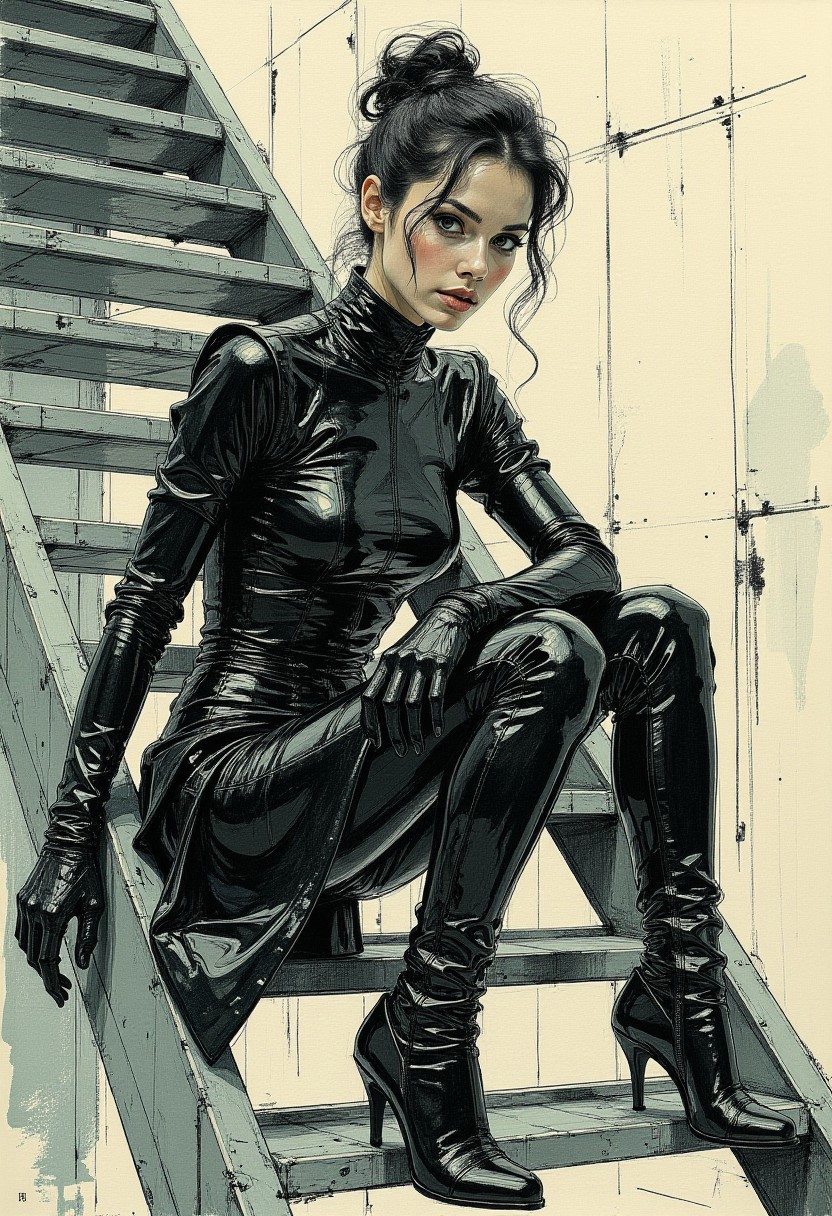 A hyper-realistic, highly detailed (colored sketch in the style of ck-ccd, vantablack) high-fashion photograph captures a striking, dynamic pose from a model. A close-up portrait showcases a woman in her early 30s perched confidently on an angular staircase of polished metal, the reflective surfaces catching fragmented light. She wears an avant-garde, asymmetrical dress with bold geometric patterns, each line and fold sculpting a sharp, architectural silhouette. Her intense gaze, slightly lifted chin, and poised expression exude strength and defiance. Her sleek, modern updo complements the outfit’s structured aesthetic, merging elegance with edge. The composition focuses on her upper body, emphasizing the interplay between her futuristic attire and the cold, industrial backdrop. The metallic staircase, with its jagged reflections, amplifies the tension between high fashion and urban grit, while subtle grainy textures infuse a retro-futuristic ambiance, evoking the raw energy of 1970s dark fantasy and cyberpunk aesthetics.