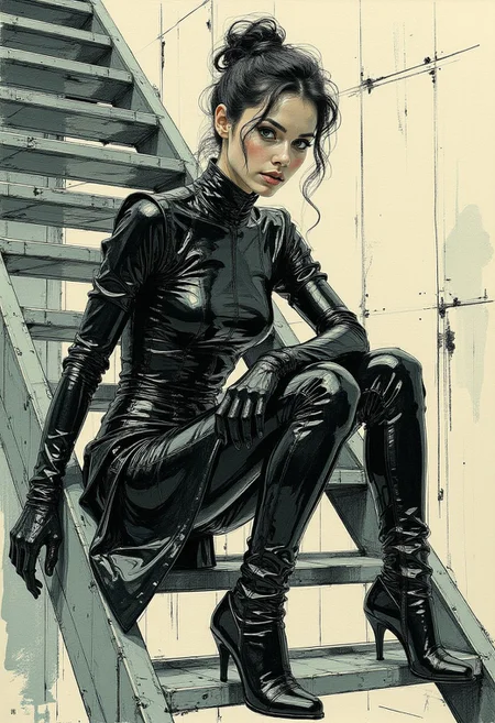 A hyper-realistic, highly detailed (colored sketch in the style of ck-ccd, vantablack) high-fashion photograph captures a striking, dynamic pose from a model. A close-up portrait showcases a woman in her early 30s perched confidently on an angular staircase of polished metal, the reflective surfaces catching fragmented light. She wears an avant-garde, asymmetrical dress with bold geometric patterns, each line and fold sculpting a sharp, architectural silhouette. Her intense gaze, slightly lifted chin, and poised expression exude strength and defiance. Her sleek, modern updo complements the outfit’s structured aesthetic, merging elegance with edge. The composition focuses on her upper body, emphasizing the interplay between her futuristic attire and the cold, industrial backdrop. The metallic staircase, with its jagged reflections, amplifies the tension between high fashion and urban grit, while subtle grainy textures infuse a retro-futuristic ambiance, evoking the raw energy of 1970s dark fantasy and cyberpunk aesthetics.