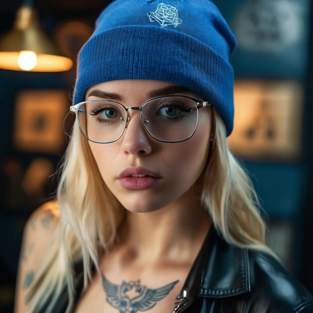 A blonde sexy girl, wearing glasses at latex shirt and a blue beanie with a tattoo, blue and white, highly detailed, sublime, extremely beautiful, sharp focus, refined, cinematic, intricate, elegant, dynamic, rich deep colors, bright color, shining light, attractive, cute, pretty, background full, epic composition, dramatic atmosphere, radiant, professional, stunning, <lora:style_lora_realis:0.6>
