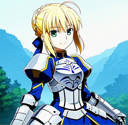 <lora:watanabeakio-000009:1>
<lora:artoria-pendragon-hf-ponyxl-lora-nochekaiser:0.1>
watanabe akio, poyoyon rock, watanabeakio,
solo,1girl,
artoria pendragon, artoria pendragon \(fate\), saber, blonde hair, green eyes, ahoge, sidelocks,, hair bun, single hair bun, braid, dress, ribbon, hair ribbon, armor, gauntlets, armored dress,wavy mouth,smile,