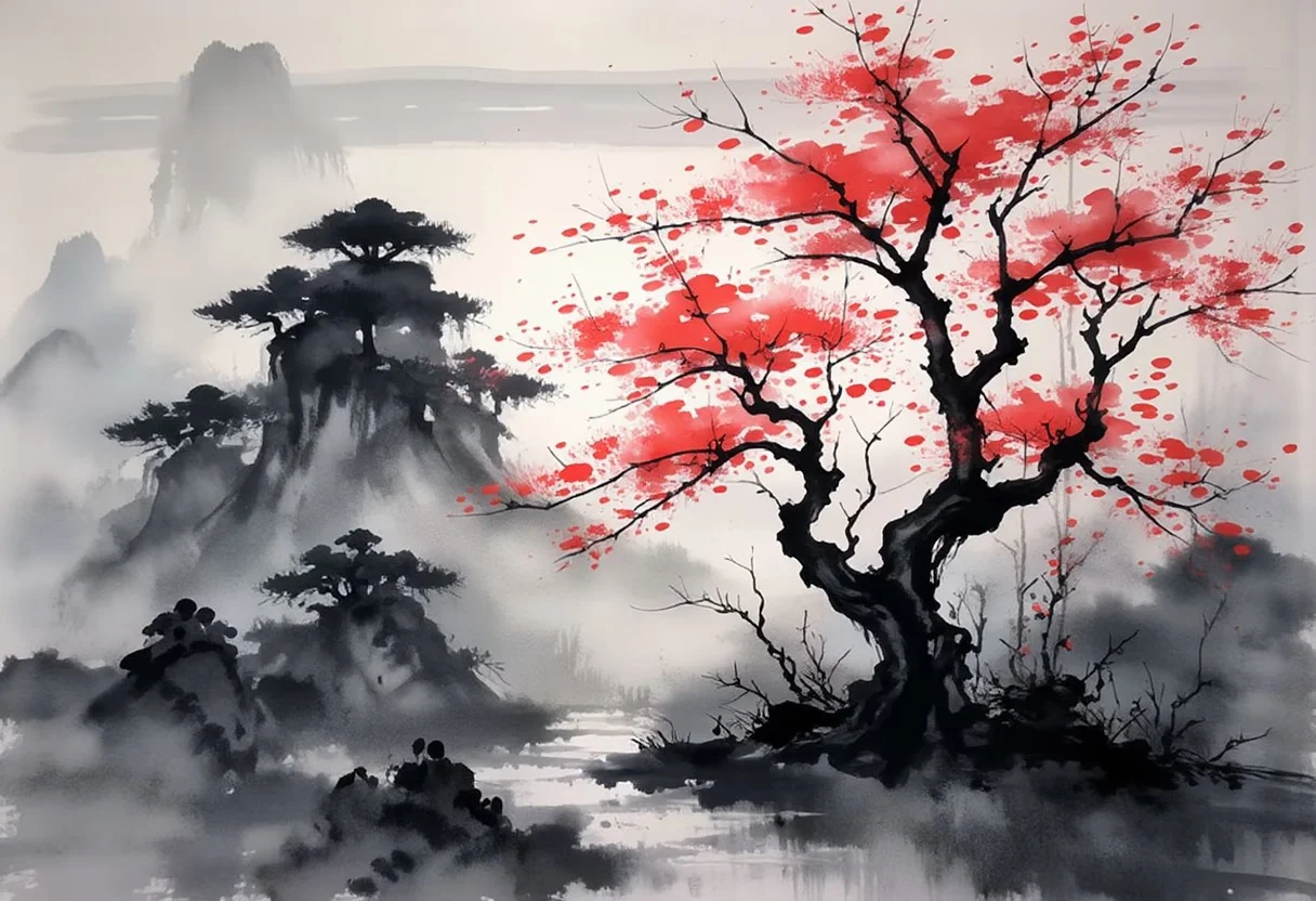score_9, score_8_up, score_7_up, surrealistic landscape scene. big mountain in the background. Red-purple neon clouds in the sky. Top of the mountain is covered with a soft light. harmonious shine. In the foreground is one big tree of life. sakura tree. gigantic large thorn tree with many pink petals. dreamy scene. romantic impressionism, dream landscape art, beautiful romantic, style of Thomas Kinkade, beautiful compositioncombining realism with a subtle artistic touch. watercolorpainting, imperialism, vivid color, vivid background, focus on tree.
ink and brushstroke dismrt style.