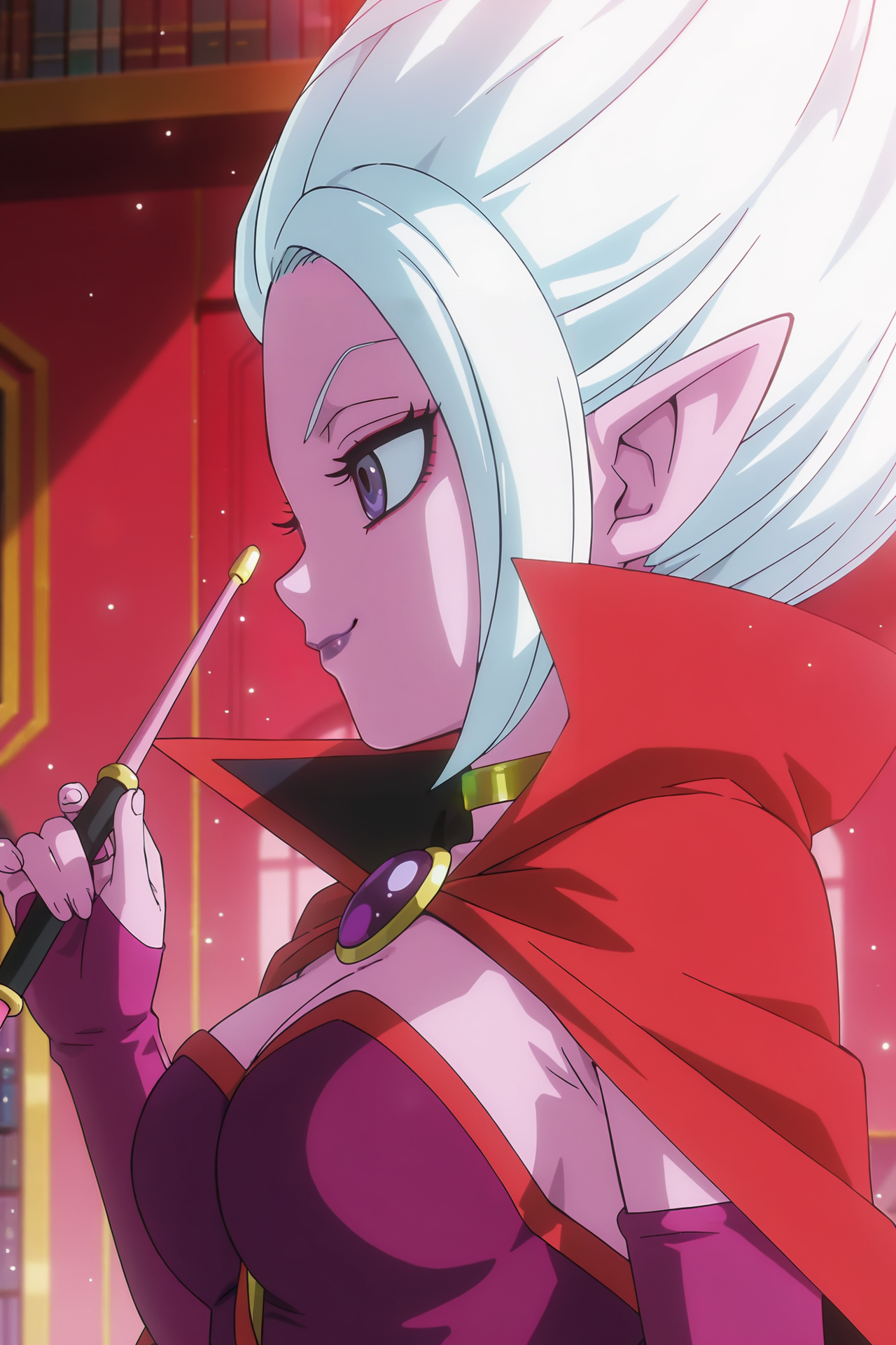 anime screencap, masterpiece, best quality, amazing quality, very aesthetic, absurdres, newest, (scenery, volumetric lighting), official style, dappled sunlight, light particles, light rays,
dr arinsu, official style, anime screencap, 1girl, solo, long hair, white hair, purple eyes, pointy ears, cleavage, gold choker, collared cape, red cape, two tone cape, strapless, strapless dress, purple dress, red trim, from side, profile, bridal gauntlets, purple armwear, red sash, looking at another, blurred background, indoors, bookshelf, makeup, lipstick, pink skin, colored skin, eyeliner, red theme, closed mouth, wand, upper body, red sky, cloud, smug, v-shaped eyes, smile
 <lora:DrArinsu_IL:0.8>