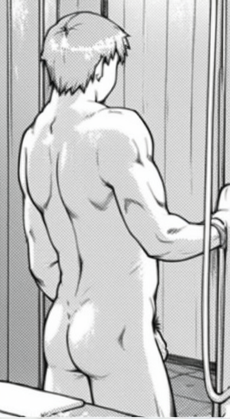 score_9, score_8_up, score_7_up, anime_source, official artstyle, anime screencap, ((monochome)), highly detailed, 1boy, perfect composition, good shading, male focus, 1boy, solo, male focus, indoors, bathroom, completely naked, completely nude, flaccid penis, pubes, akishima boy 4,silver hair, abs, pectorals, standing, backside view, defined back muscles, ((butt focus)), ((monochrome))