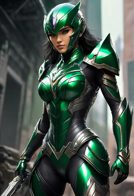 Green Power Ranger. Their helmet is a sleek emerald green with scales etched in a glossy pattern. dark visor resembling fierce and intelligent, mouthpiece mirrors the komodo jaws. sleek design suit with chest piece boasts a detailed scale motif with a bold emerald green insignia at its center. The arms are covered in flexible yet sturdy dark green emerald armor, extending to claw-tipped gloves. Small vents on the forearms. The waist is secured with a utility belt buckle, the legs are shielded by segmented armor. Thigh plates feature scale patterns, knee guards have spiked protrusions, and boots are reinforced with tungsten-tipped soles. cyberpunk art style, Shounen Anime Style, cyberpunk alien city background, full--body, highly--detailed, bokeh--focus, soft Analogous colors, extremely wide-angle, FastNegativeV2, <lora:fightingpose:0.7> squat, fighting pose, knee on ground.
