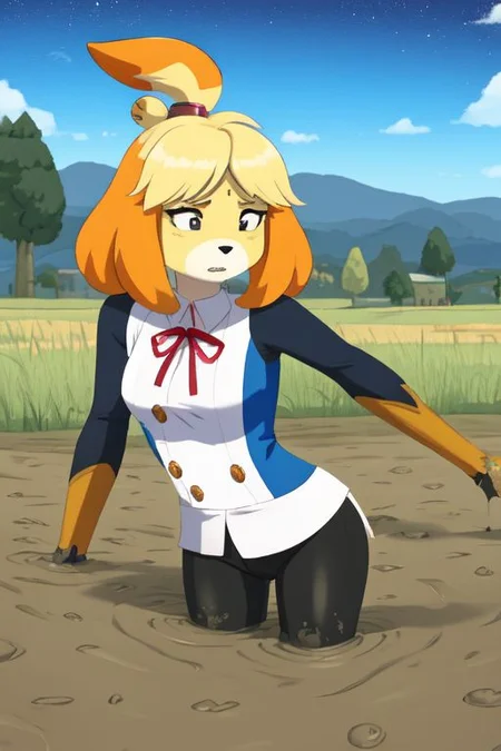 isabelle \(animal crossing\), (masterpiece, best quality:1.15), 1girl, solo, large breasts, high cheekbones, thick eyebrows, small mouth, looking to the side, leaning forward, adjusting clothes, tight leggings, crop top shirt, starry nights, long hair, twin short braids, scared, partially submerged, struggling, farmland bog