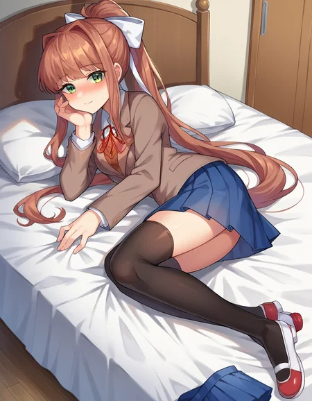score_9, score_8_up, score_7_up, source_anime,
ddlcmonika, <lora:ddlc-monika-ponyxl-lora-nochekaiser:1>
ddlcmonika, blunt bangs, brown hair, green eyes, long hair, ponytail, ribbon, white ribbon, hair ribbon, sidelocks,
black thighhighs, blue skirt, brown jacket, jacket, long sleeves, mary janes, over-kneehighs, pleated skirt, school uniform, shoes, skirt, thighhighs, zettai ryouiki
indoors, bed, bed room, on side, blush, drunk,
looking at viewer, dutch angle, cowboy shot,