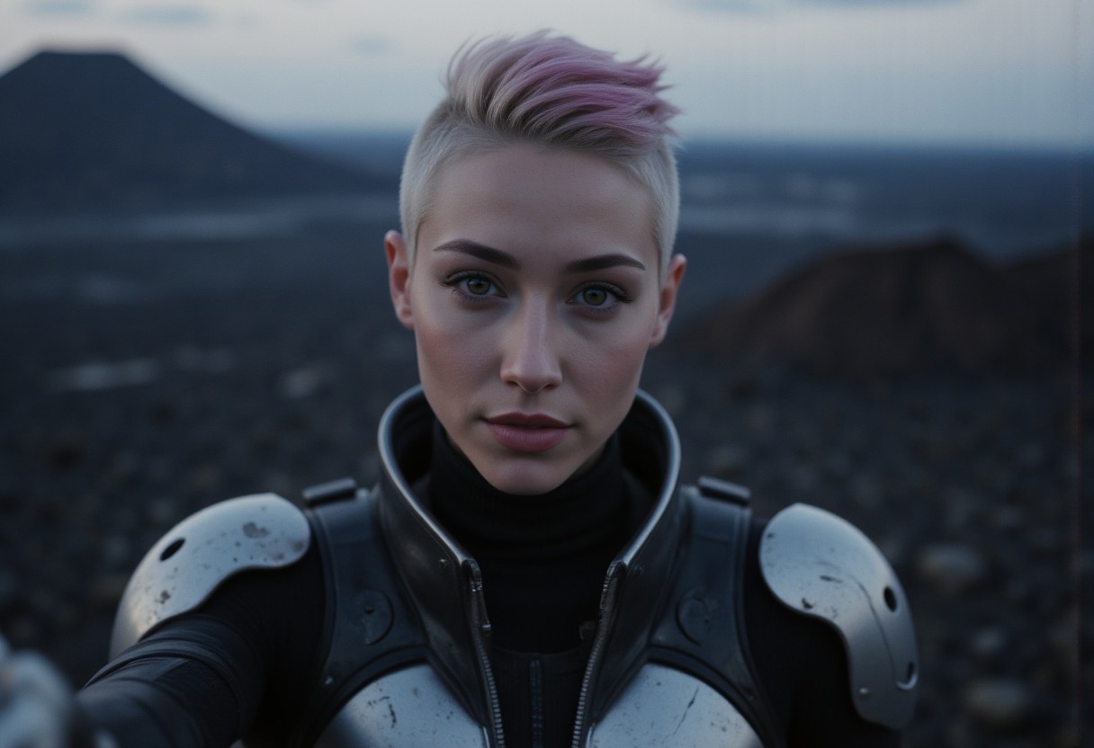Front 3/4 view cinematic portrait mainstream action anime themed Picture illustration of a
happy ultra-feminine short haired pixie cut side shaved multi-color haired 25yo armored futuristic woman happily outstretching the hand towards the viewer.
The woman is looking straight to the viewer with charming eyesight, and sensually parted lips.
The cinematic angle put the face in focus while the rest of the image has a slight depth of field effect.
The background looks like the top view of a awaken volcano during summer season, at dusk, projecting very long shadows.
Many details everywhere. Ray-Tracing. Anti-Aliasing. Realistic reflections. Realistic soft shadows. Ironic.
Spiritual.
Partially introspective.
Uplifting.
Slightly desaturated colors. 
Visible paint strokes.  
Insane quality. Insane resolution. Insane details. Masterpiece. 
By "Daron Nefcy".
16k resolution