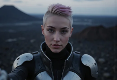Front 3/4 view cinematic portrait mainstream action anime themed Picture illustration of a
happy ultra-feminine short haired pixie cut side shaved multi-color haired 25yo armored futuristic woman happily outstretching the hand towards the viewer.
The woman is looking straight to the viewer with charming eyesight, and sensually parted lips.
The cinematic angle put the face in focus while the rest of the image has a slight depth of field effect.
The background looks like the top view of a awaken volcano during summer season, at dusk, projecting very long shadows.
Many details everywhere. Ray-Tracing. Anti-Aliasing. Realistic reflections. Realistic soft shadows. Ironic.
Spiritual.
Partially introspective.
Uplifting.
Slightly desaturated colors.
Visible paint strokes.
Insane quality. Insane resolution. Insane details. Masterpiece.
By "Daron Nefcy".
16k resolution