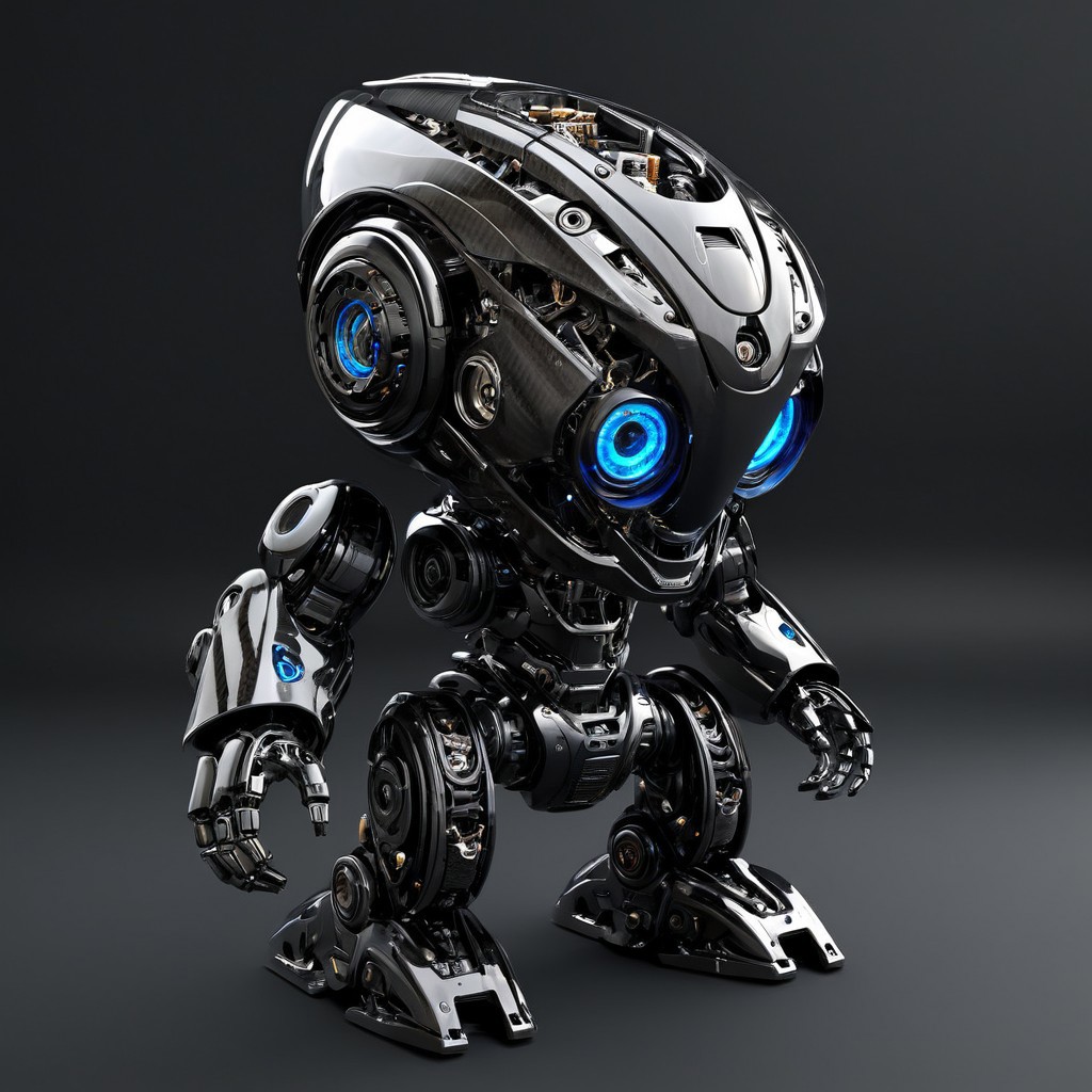 Made of carbon_fiber, glossy, a detailed mecha, glowing blue eyes, cute, biomechanical, complex robot,