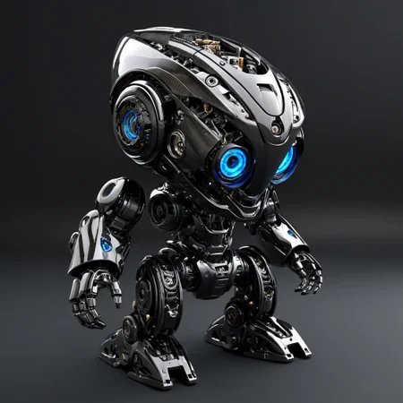 Made of carbon_fiber, glossy, a detailed mecha, glowing blue eyes, cute, biomechanical, complex robot,