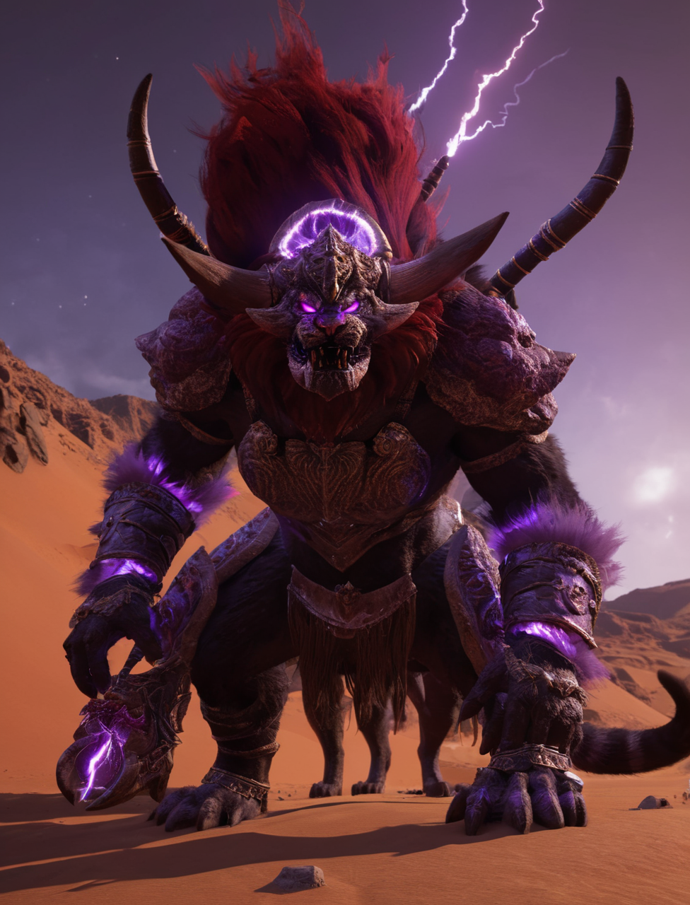 starscourgexl (cat:1.5),full armor,a demonic creature,giant monster,glowing purple electricity,horned helmet,red fur,tusks,red desert in the background,epic,awardwinning,masterpiece,((realistic)),128k UHD,octane render,sharp focus,trending on artstation,raw photograpy, <lora:Starscourgexl-step00000357:0.65>