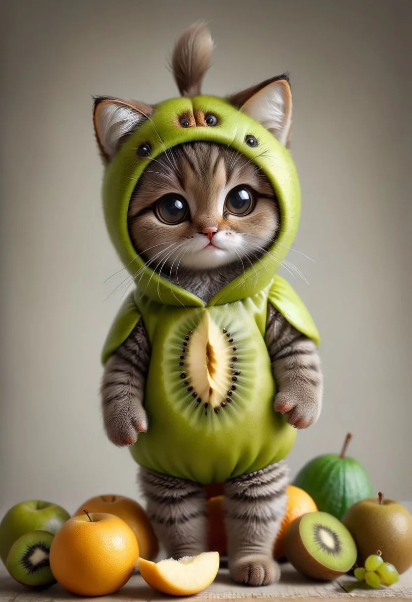 An award winning photo , a cute little baby cat,sitting around in a kiwi costume, (fruit) , (((cuteness overload))) <lora:add-detail-xl:1>,  <lora:WowifierXL-V2:1>, zhibi
