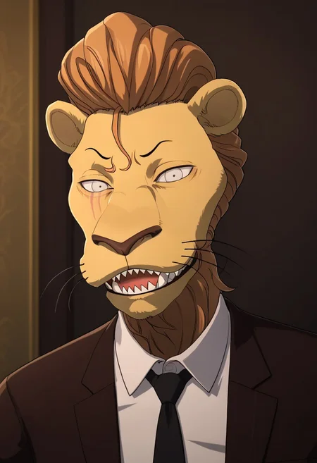 score_9_up, score_8_up, score_7_up, masterpiece, best quality, amazing quality, very aesthetic, absurdres, newest, high quality, detailed, male, solo male, FreeBeastars, 1boy, mature male, male, athletic build, anthro, lion, light golden-yellow fur, strawberry-blond hair, pompadour, animal ears, white eyes, scar over right eye, white dress shirt, brown suit jacket, black tie, close up, bust shot, looking at viewer, sharp teeth