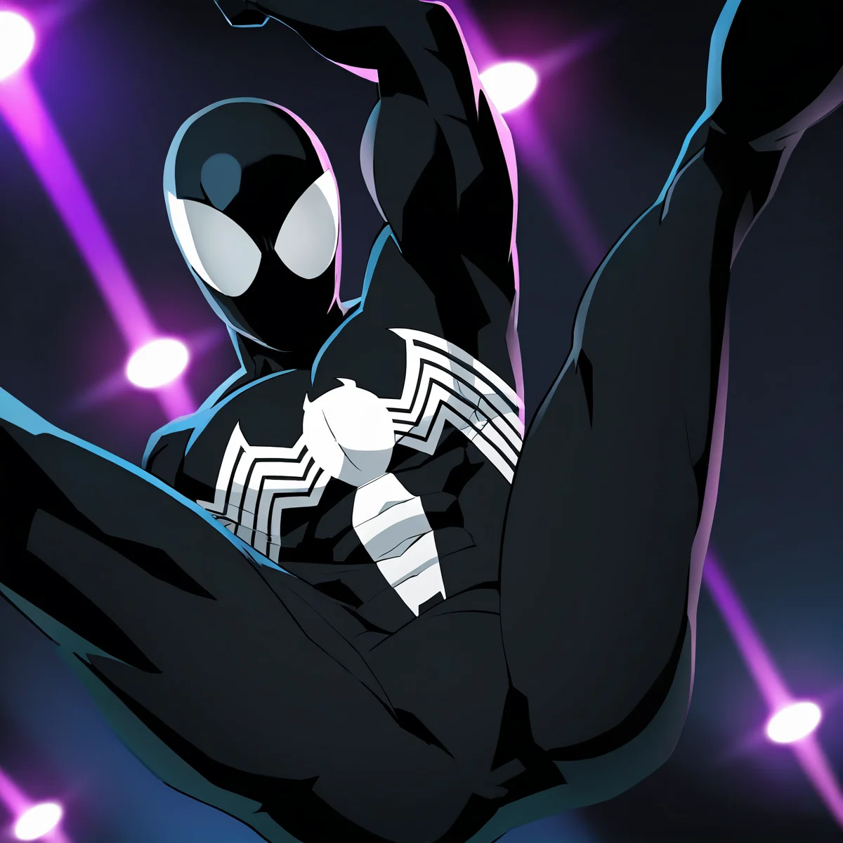 <lora:Symbiote_Spiderman-05:1> male focus, 1boy, solo, black bodysuit, mask, superhero, muscular, looking at viewer, white eyes,dynamic lights,masterpiece, highres