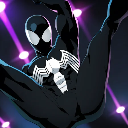 <lora:Symbiote_Spiderman-05:1> male focus, 1boy, solo, black bodysuit, mask, superhero, muscular, looking at viewer, white eyes,dynamic lights,masterpiece, highres