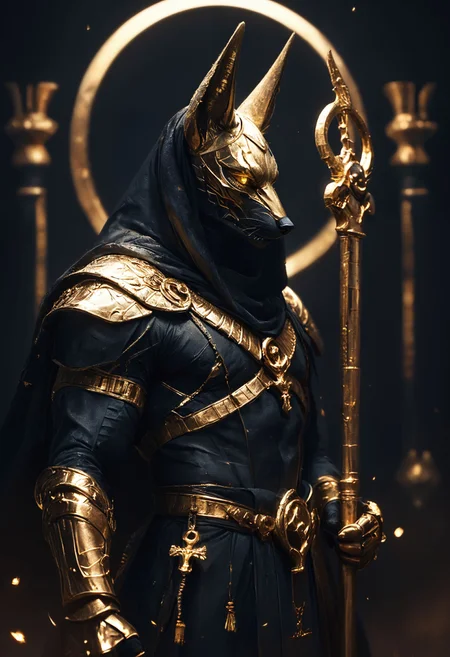 (score_9, score_8_up), score_7_up, Highly detailed RAW color Photo, side view, from side, profile, cowboy shot, glowing eyes, yellow eyes, holding staff, holding, arm up, glistening, glowing, Anubis as an anime character in a dynamic pose, realistic jackal, detailed fur, 1 arm up, shoulder armor, gauntlets, pauldrons, mask, dark, hood, full armor, looking at viewer, all black and gold armor, black cloak, occult, dark theme, black and gold theme, black background, simple background, gold and black armor, gold, gold jewelry, dark,
dark lighting, dof, depth of field, realistic, dark background, light partials, CINE, embers, low-key, hkwarrior,
<lora:unholy-000009:0.6> <lora:CINE-000008:0.4>
<lora:PonyFantasyWarriorsEgypt:0.6> <lora:- SDXL - vanta-black_contrast_V3.0:0.7> <lora:Egyptian mythology style:0.5> <lora:ancient egyptian style:0.5>
