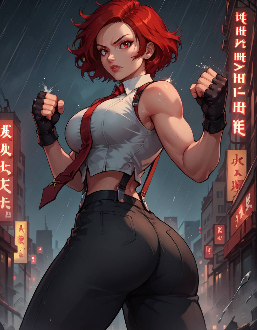 score_9, score_8_up, score_7_up,score_6_up, score_5_up, score_4_up ,1girl, solo,
large breasts,  
vanessadg,
short hair, red hair, red eyes, 
white shirt, gloves, necktie, sleeveless, pants, cropped shirt, suspenders,
city, night, rain, neon lights, lips,
from below, fighting stance, clenched hands, 
from behind, ass, 
 <lora:Vanessa KOF DG PonyXL v01-000003:1>