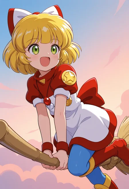 TwiSpr, 1girl, solo, from above, dutch angle, upper body, looking ahead, bloom, broom riding, sky,
blonde hair, short hair, hair bow, white bow, green eyes, smile, :d, pointing at another,
red dress, puffy short sleeves, crescent necklace, back bow, pantyhose, knee boot, red black footwear,
best quality,amazing quality,very aesthetic,absurdres
<lora:TwiSpr:1>