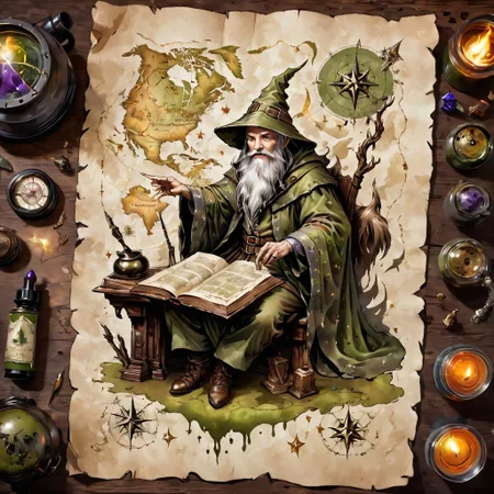 old book style ink illustration, on parchment on a map sitting on a wizard on desk, ((wizard's camo is olive drab)), ink splashes, ink stains, ink smears, faded ink, magical spell, paintless,