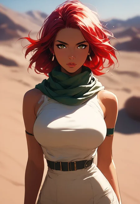 masterpiece, best quality, highly detailed, ultra-realistic, score_9, score_8_up, score_7_up, score_6_up, source_cartoon,
BREAK
1MILF, 40yo, curvy waist, large breasts, tanned skin, long red hair, wearing a flowing scarf, standing in a sandstorm, looking at viewer with a determined expression, sand swirling around her, dim lighting, desert landscape, faint scent of dust.
BREAK
sand blowing, hair slightly covered in sand, scarf flowing in the wind, motion_lines:1.5, motion_blur:1.5.
BREAK
atmospheric, emotional, raw sensuality, dynamic light, warm_light, soft focus, depth of field, cinematic composition