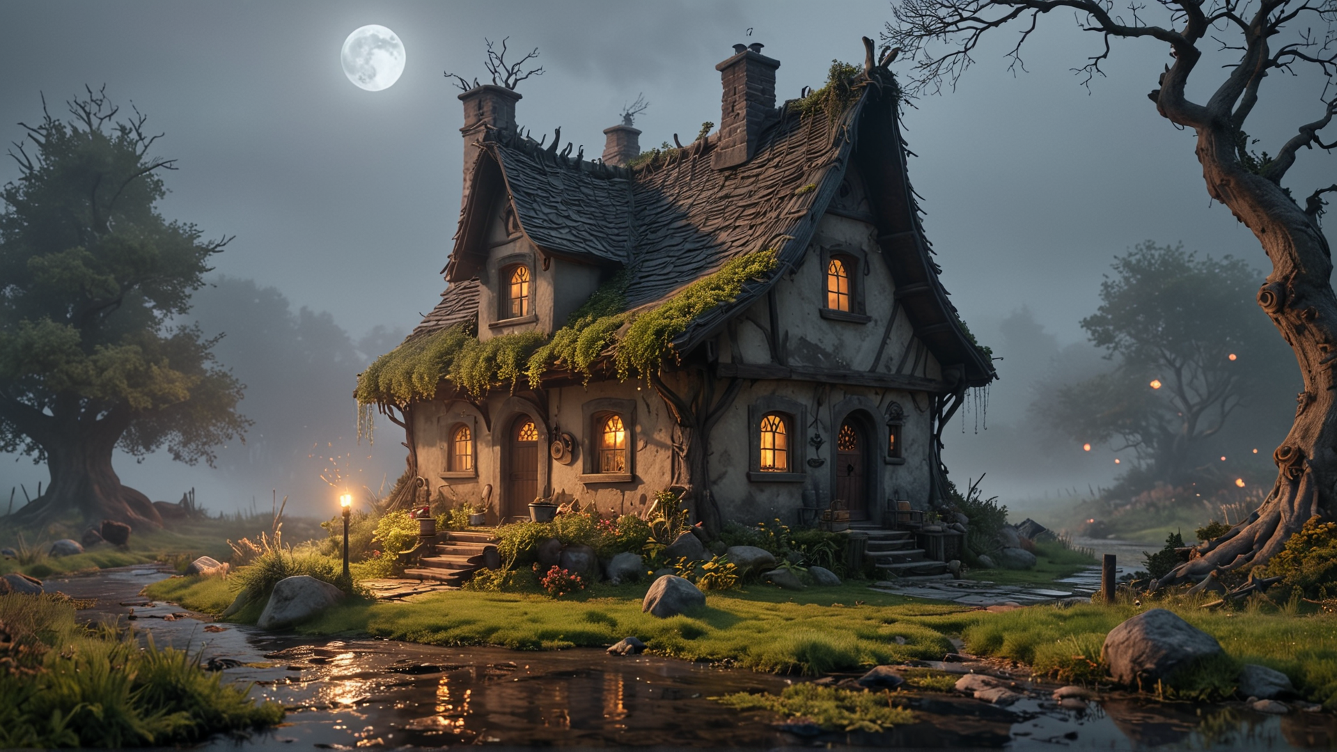 A mysterious witch's house, shrouded in fog and mist, amidst a soggy, eerie bog, with a full moon casting an ethereal glow on the twisted trees and overgrown vegetation, featuring crooked rooflines, crumbling stone walls, and rusty ironwork, with a sense of foreboding and secrets waiting to be uncovered, as if the very air is charged with the whispers of ancient spells and incantations, where the witch's cauldron bubbles over a fire pit, and the scent of mandrake and eye of newt wafts through the misty air. night <lora:xl_more_art-full_v1:0.3> <lora:MG_ip:1> MG_ip <lora:Cute_3D_Cartoon:0.3> <lora:PixarXL:0.3> pixar style