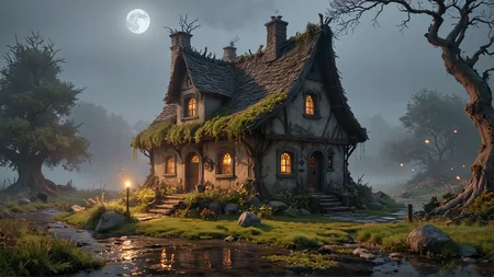A mysterious witch's house, shrouded in fog and mist, amidst a soggy, eerie bog, with a full moon casting an ethereal glow on the twisted trees and overgrown vegetation, featuring crooked rooflines, crumbling stone walls, and rusty ironwork, with a sense of foreboding and secrets waiting to be uncovered, as if the very air is charged with the whispers of ancient spells and incantations, where the witch's cauldron bubbles over a fire pit, and the scent of mandrake and eye of newt wafts through the misty air. night <lora:xl_more_art-full_v1:0.3> <lora:MG_ip:1> MG_ip <lora:Cute_3D_Cartoon:0.3> <lora:PixarXL:0.3> pixar style