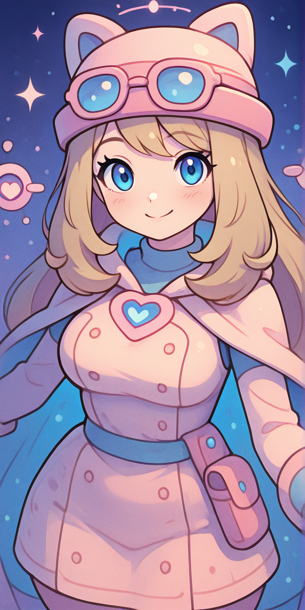 masterpiece, best quality, solo, curvy, beautiful eyes, narrow waist, wide hips, 1girl, solo, smile, looking at viewer, dynamic angle, foreshortening, close up,    zzSerena, solo, long hair, blue eyes, eyewear on headwear, pink headwear, <lora:SerenaPokemonIXL_v2:1.0>,   k4w4iim1r41, cute outfit, pastel clothes,  <lora:KawaiiMirai_IXL:1.2>, [Arcane Rune Scribe], linen robes with stitched runic patterns, layered vest with glowing sigils, ink-stained gloves, quill holster belt, floating scrolls circling head, etched glasses with translation glyphs, ancient library lit by hovering candles, standing among open tomes, focused expression,