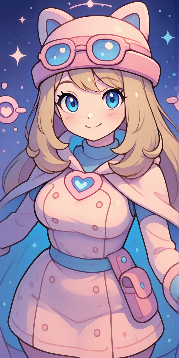 masterpiece, best quality, solo, curvy, beautiful eyes, narrow waist, wide hips, 1girl, solo, smile, looking at viewer, dynamic angle, foreshortening, close up,    zzSerena, solo, long hair, blue eyes, eyewear on headwear, pink headwear, <lora:SerenaPokemonIXL_v2:1.0>,   k4w4iim1r41, cute outfit, pastel clothes,  <lora:KawaiiMirai_IXL:1.2>, [Arcane Rune Scribe], linen robes with stitched runic patterns, layered vest with glowing sigils, ink-stained gloves, quill holster belt, floating scrolls circling head, etched glasses with translation glyphs, ancient library lit by hovering candles, standing among open tomes, focused expression,